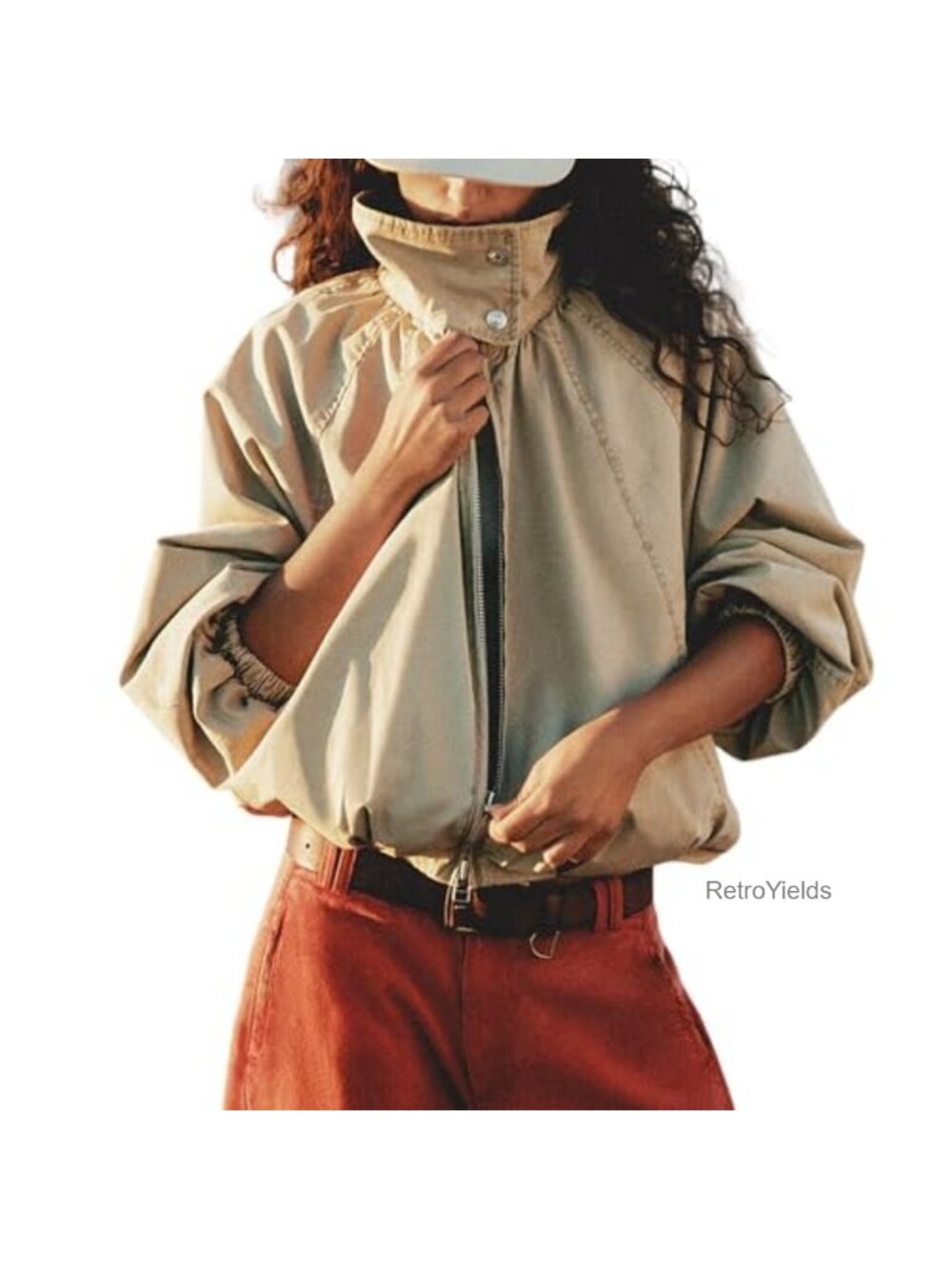 Oversized Bomber Jacket Funnel Neck Zip Up Batwing Sleeve Cotton